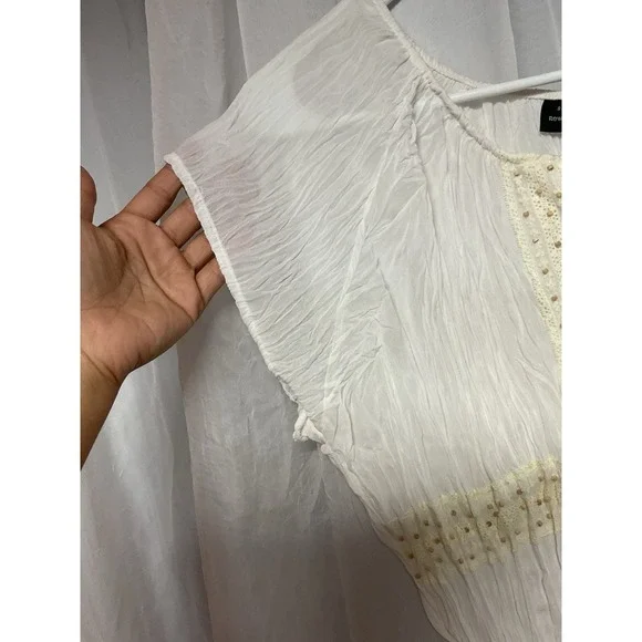 Vtg Separates Ny White Ruched Tie Beaded Blouse Boho Whimsical‎ Small Sheer Y2K - Picture 6 of 8